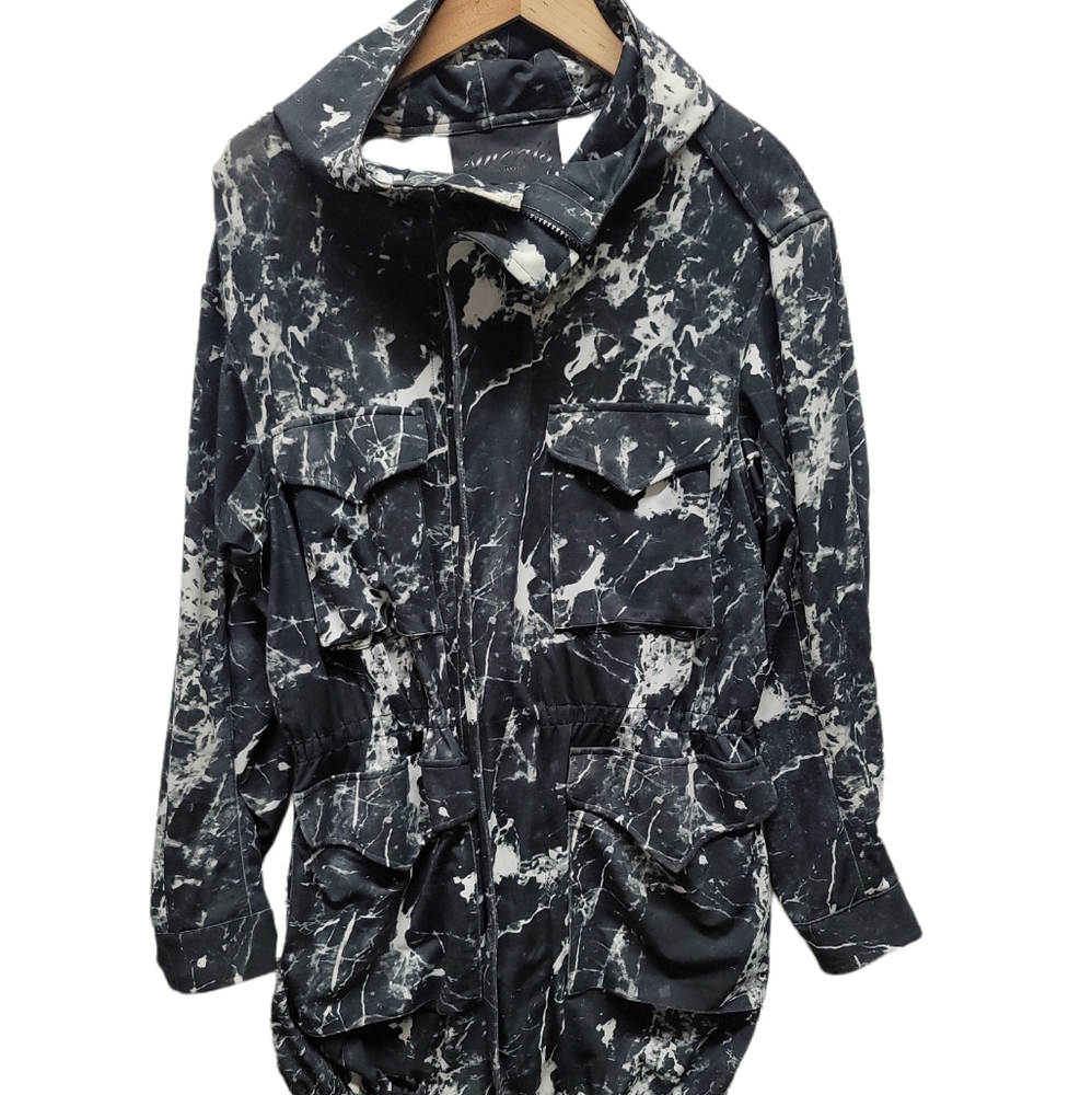 SWEATS by Norma Kamali black marble print supplex jacket sz SM see detai…
